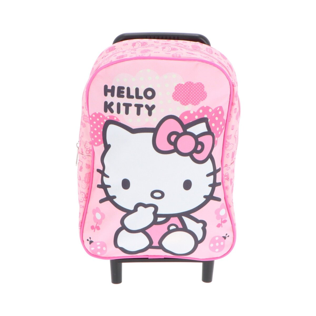 Ein rosa Hello Kitty Rollkoffer mit der Hello Kitty Figur darauf.