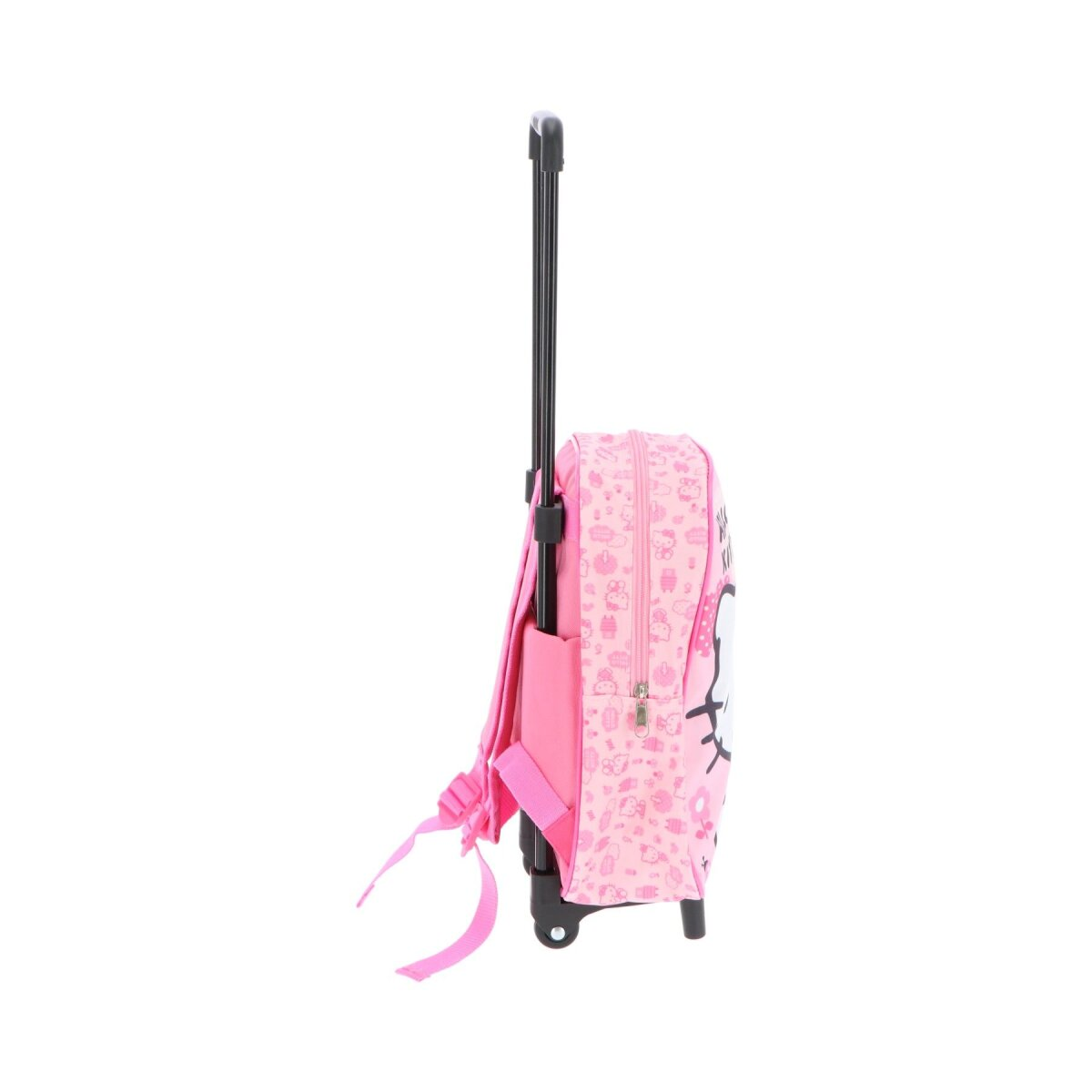 Seitenansicht eines rosa Hello Kitty Rollkoffers mit ausgezogenem Griff.