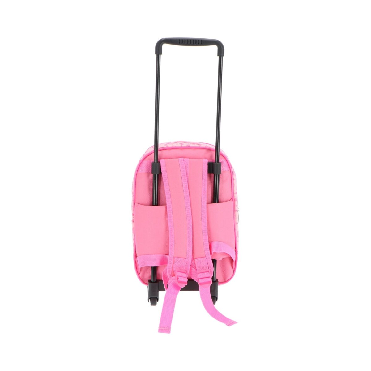 Ein pinkfarbener Rollrucksack mit schwarzem Griff und pinkfarbenen Trägern.