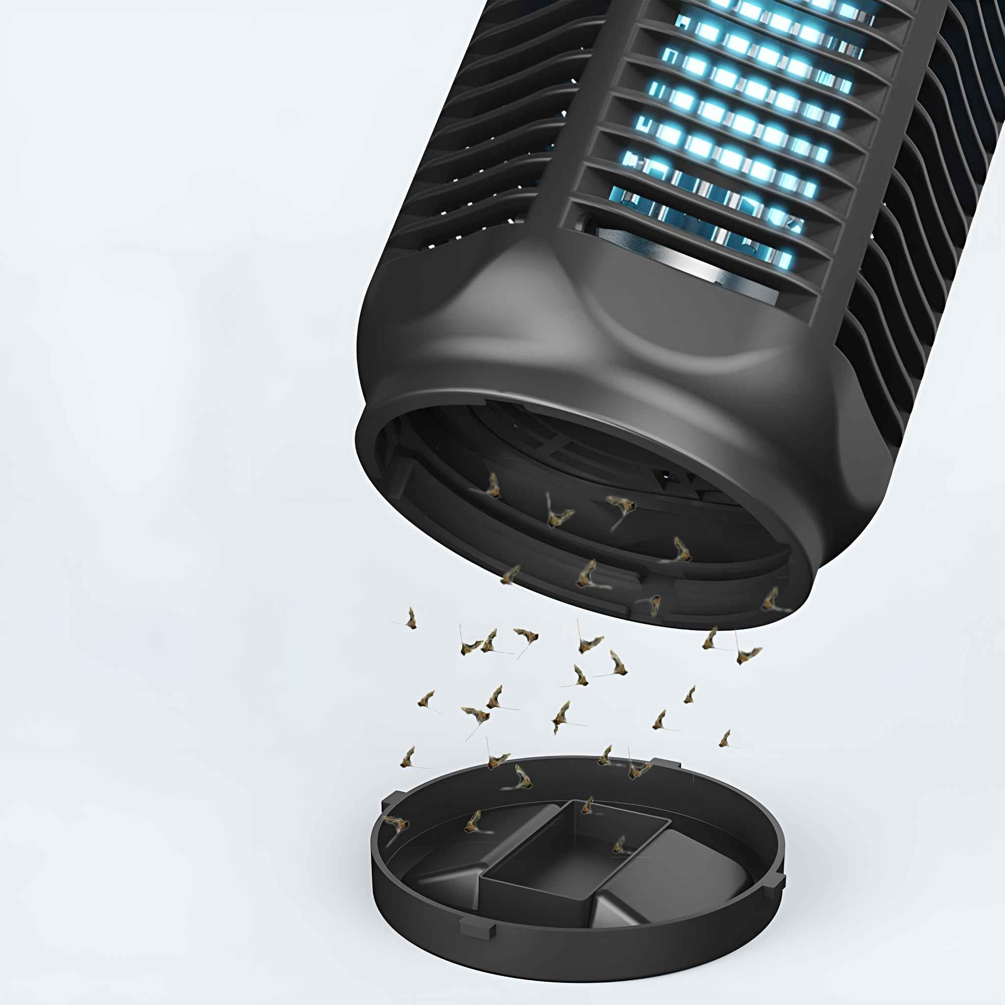 Ein schwarzer Insektenvernichter mit blauem Licht ist geöffnet, darunter eine Auffangschale. Tote Käfer fallen.