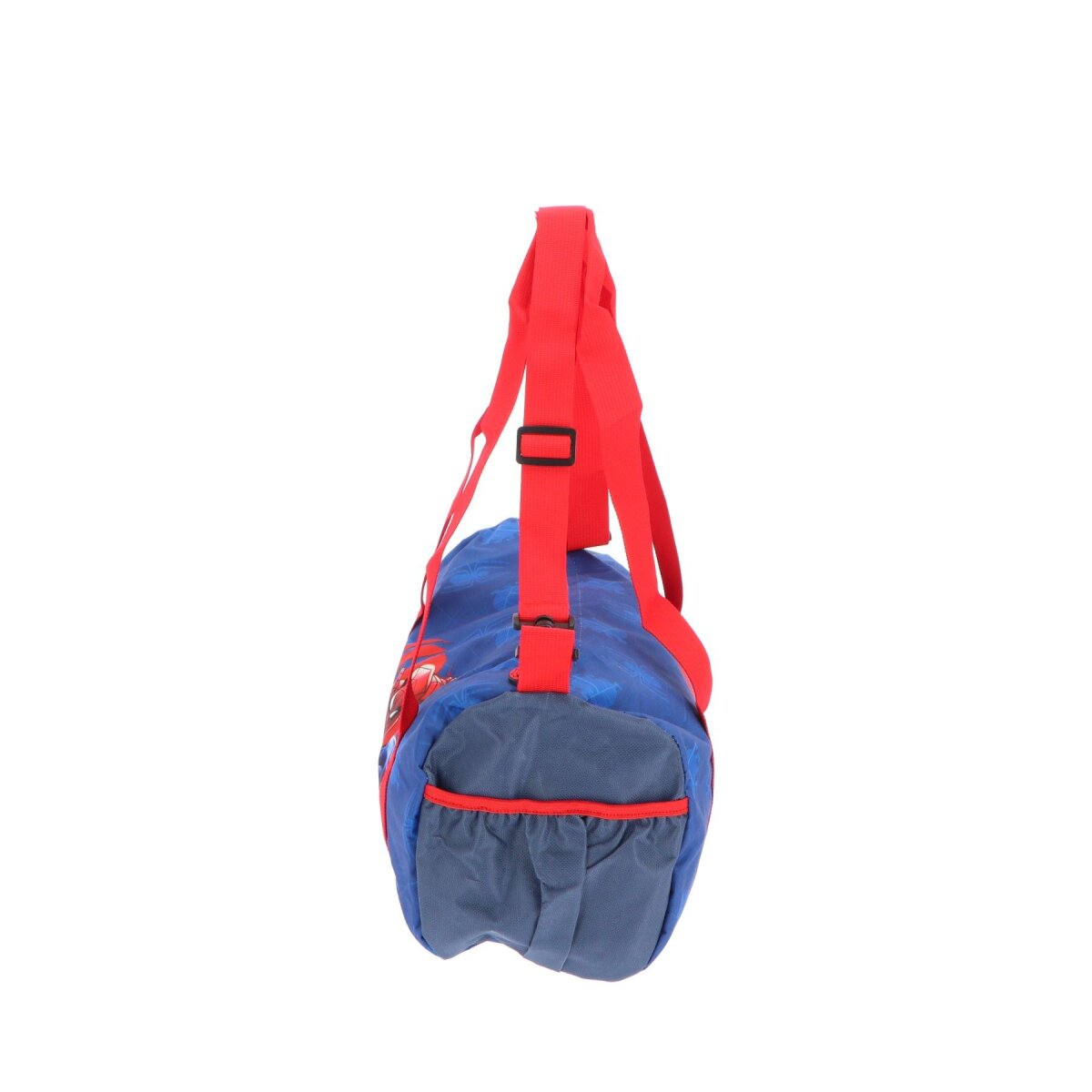 Eine blaue Reisetasche mit roten Trägern und einem Spider-Man-Design.