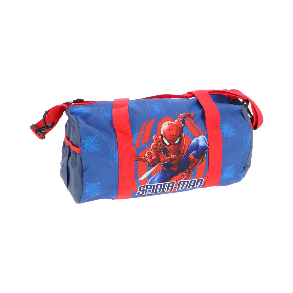 Blaue Spider-Man-Reisetasche. Spider-Man auf der Vorderseite. Rote Träger und Details. Weißer Hintergrund.