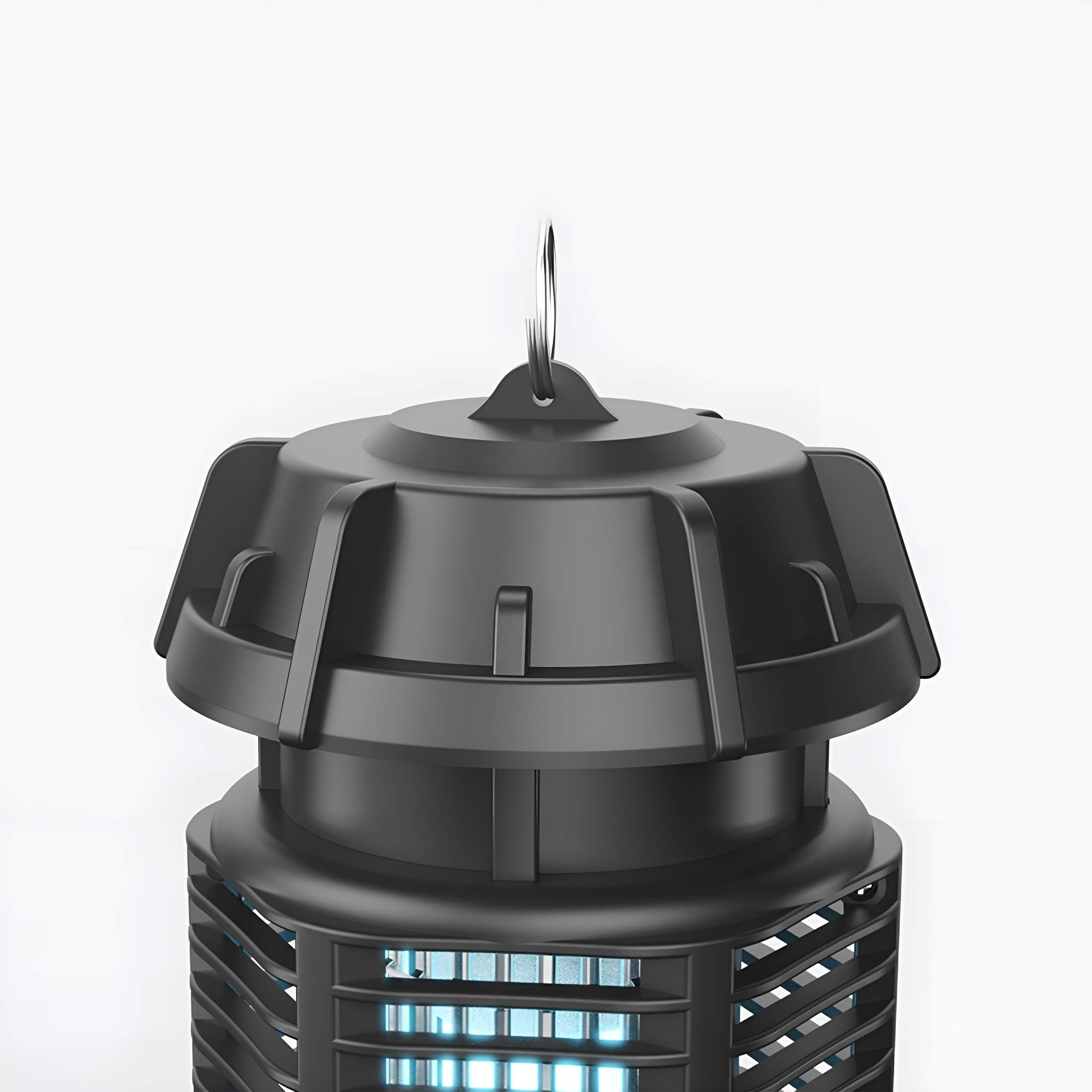 Nahaufnahme eines schwarzen Insektenvernichters mit sichtbarem blauem Licht.