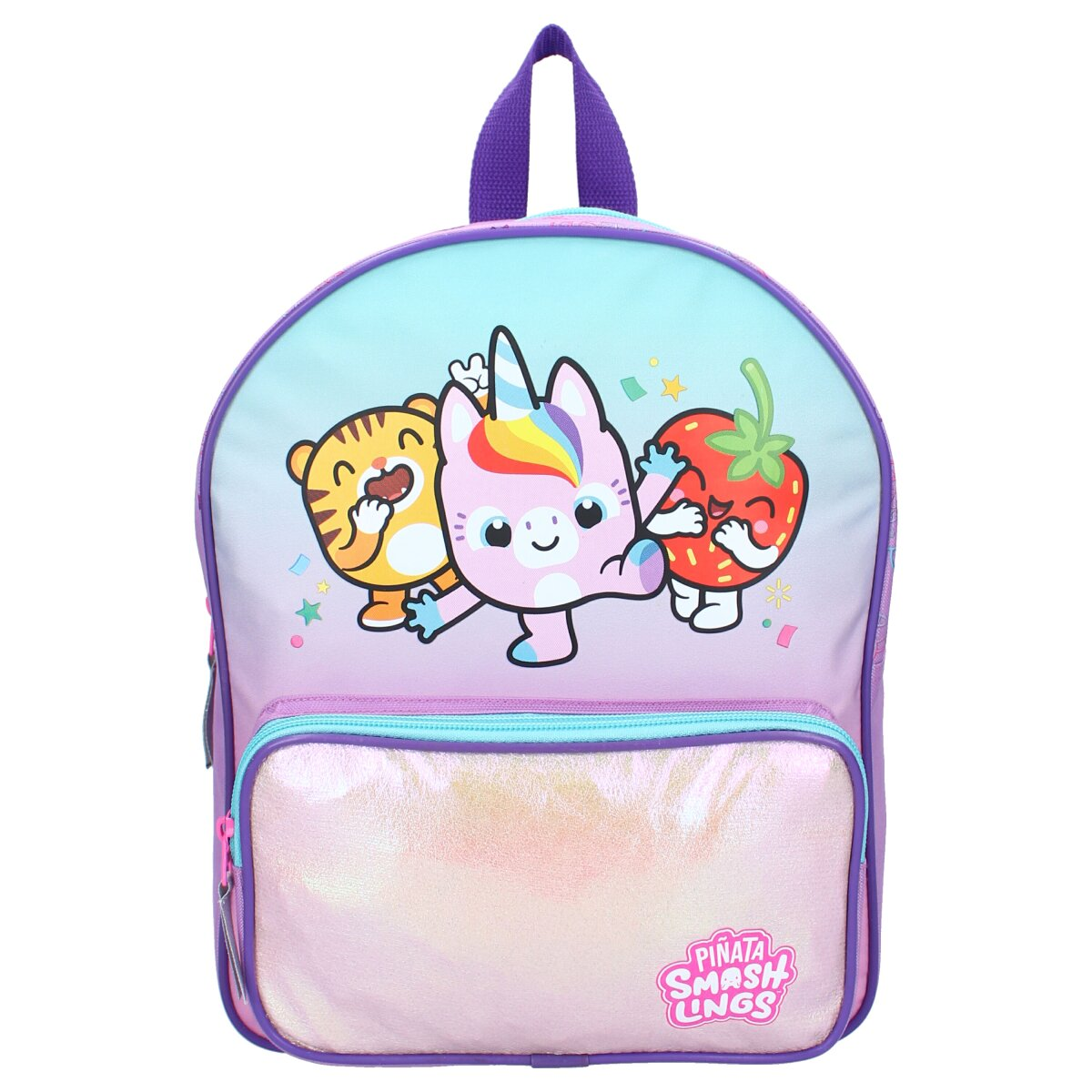 Ein Rucksack mit einem Einhorn, einer Erdbeere und Tiger-Cartoonfiguren. Er hat lila und rosa Farben.