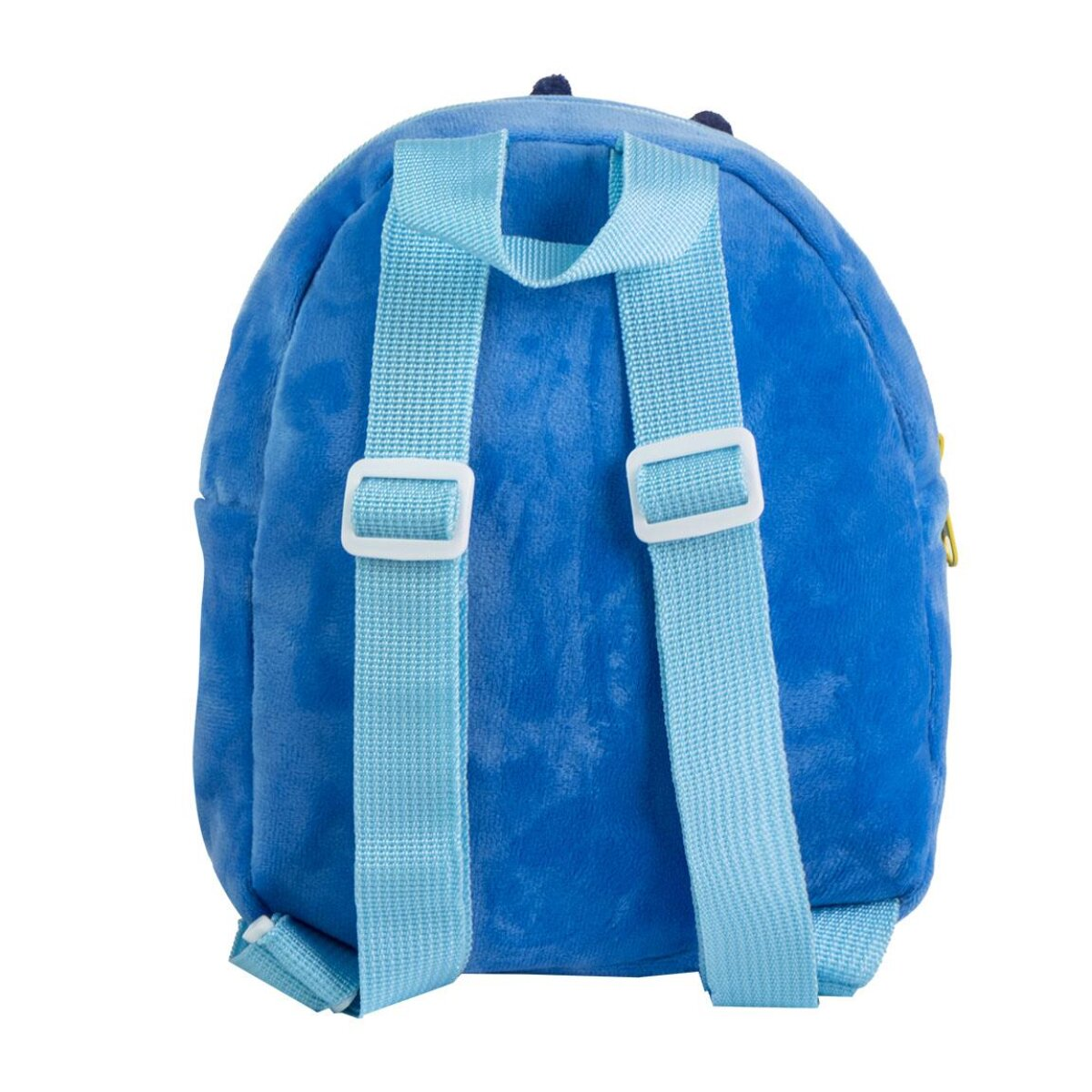 Mochila azul con correas celeste, de forma redondeada.