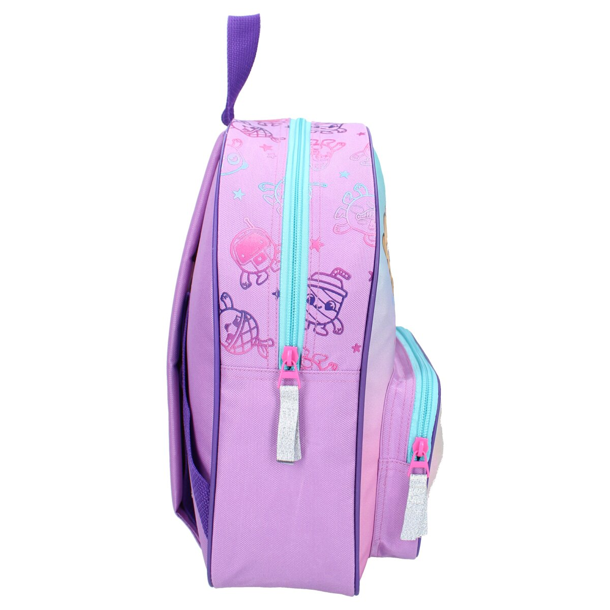 Seitenansicht eines lila Rucksacks mit Shopkins-Charakteren. Er hat einen blauen Reißverschluss und einen Griff.