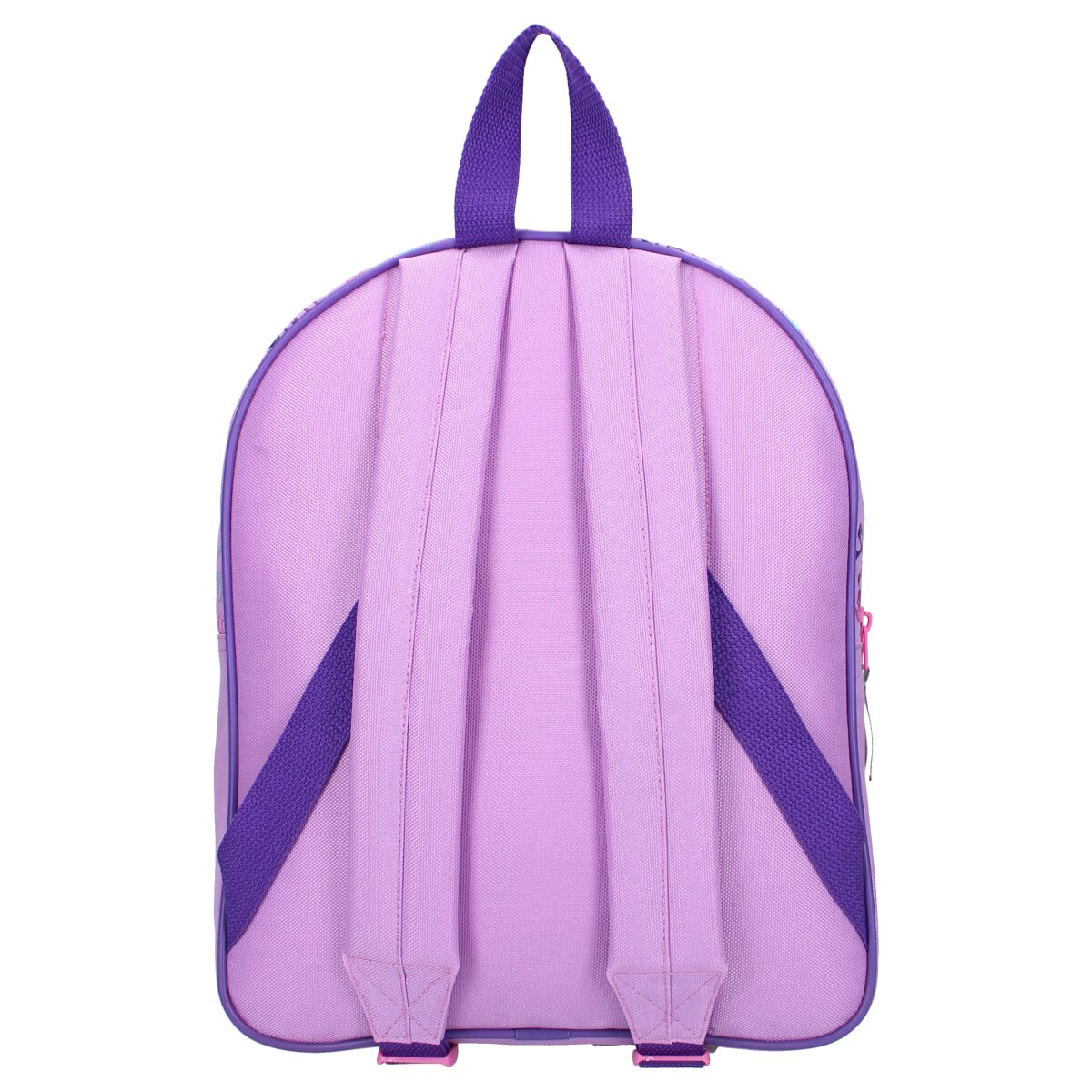 Rückseite eines lila Rucksacks. Lila Träger und Griff. Lila Rucksack mit geschwungener Form.