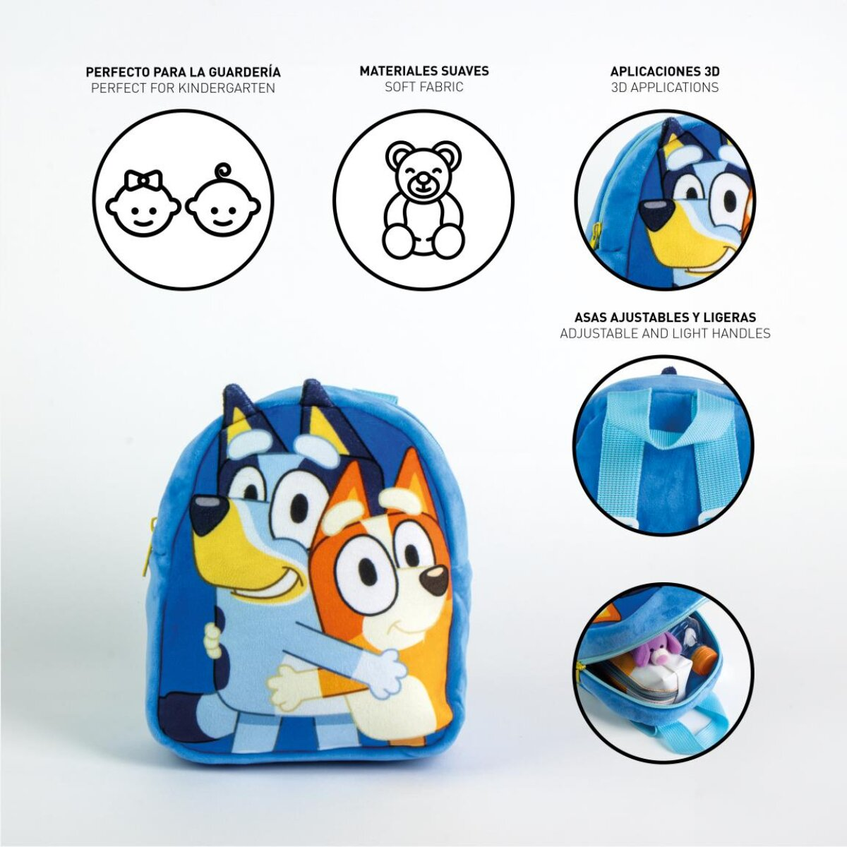 Mochila azul con los personajes de Bluey y Bingo. Incluye texto e iconos. Fondo blanco.