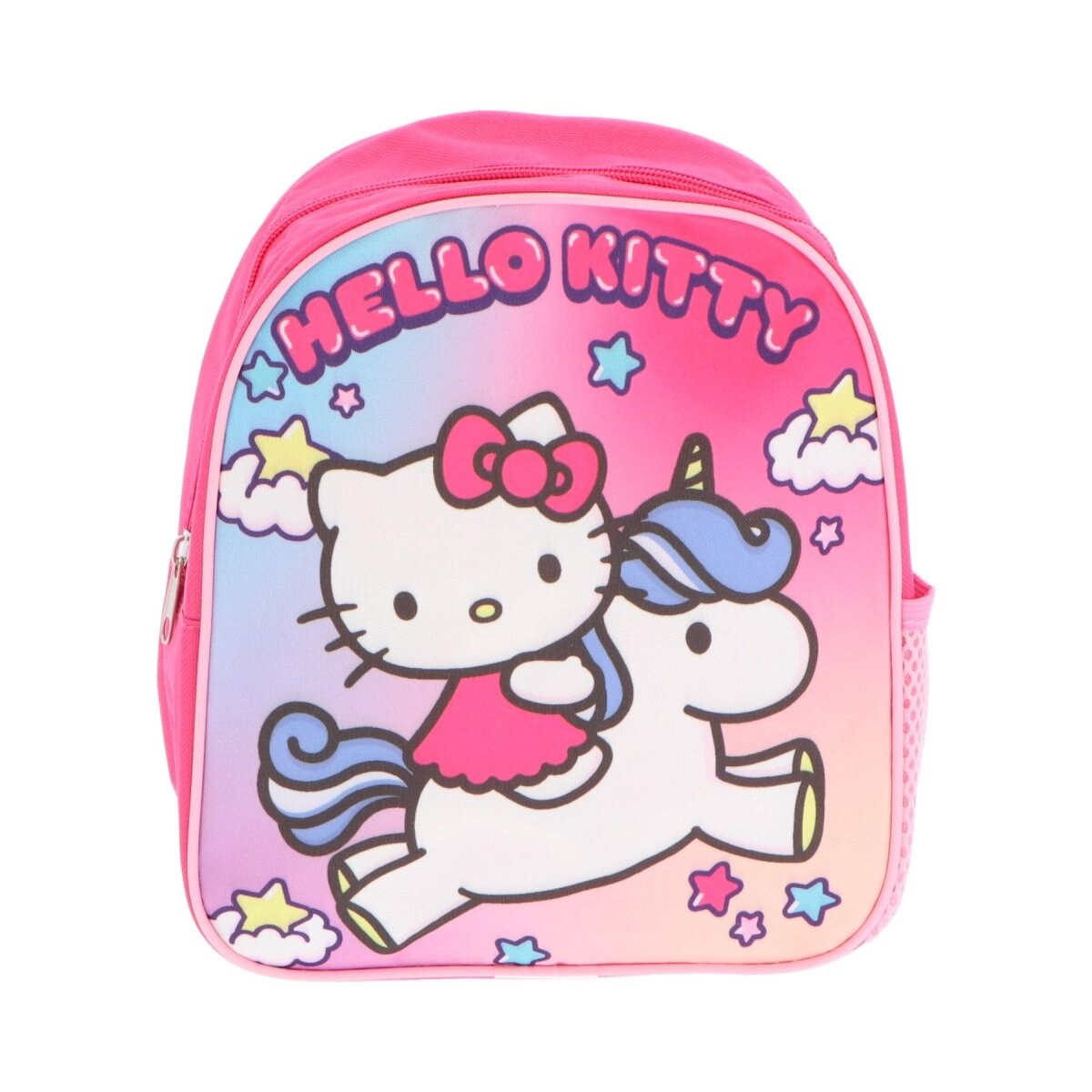 Ein pinkfarbener Hello Kitty Rucksack mit Hello Kitty, die auf einem Einhorn auf einem Regenbogenhintergrund mit Sternen reitet.