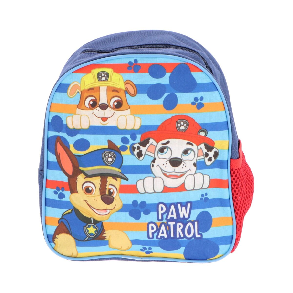 Blauer Paw Patrol Rucksack. Paw Patrol-Figuren auf der Vorderseite. Blaue und orangefarbene Streifen vorne.
