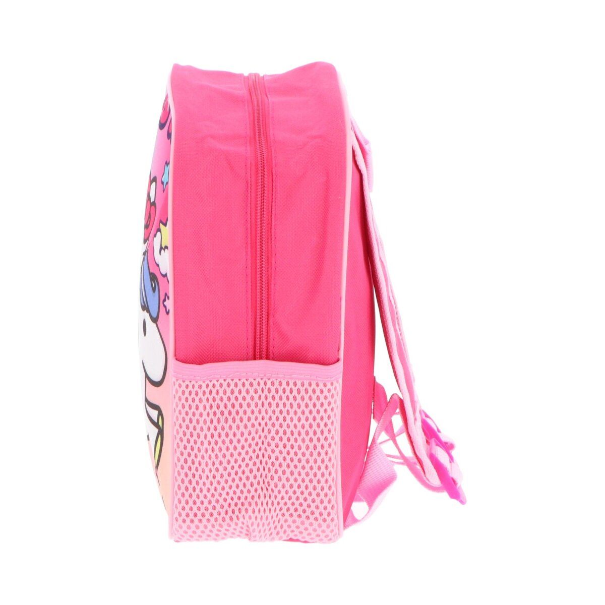Rosa Rucksack mit Hello Kitty-Design, Seitenansicht mit Netztasche und Reißverschluss.