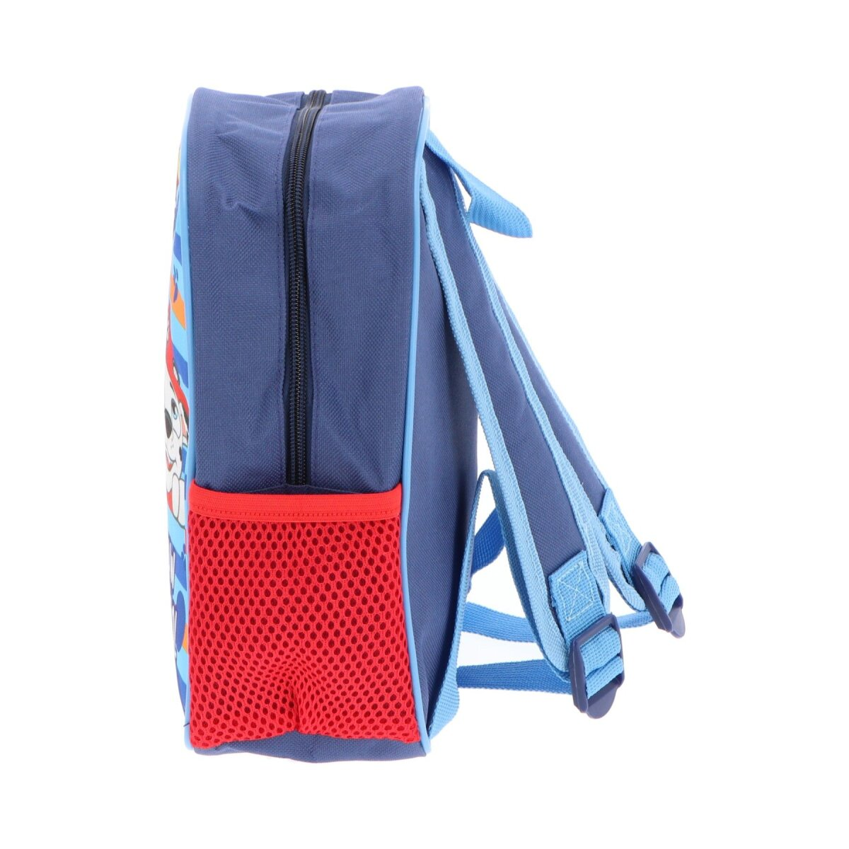 Blauer Rucksack von der Seite. Paw Patrol-Figur auf der Seite. Rote Netztasche.