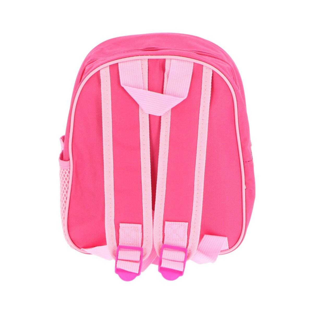 Rückansicht eines pinkfarbenen Rucksacks mit pinkfarbenen Trägern und einer seitlichen Netztasche.