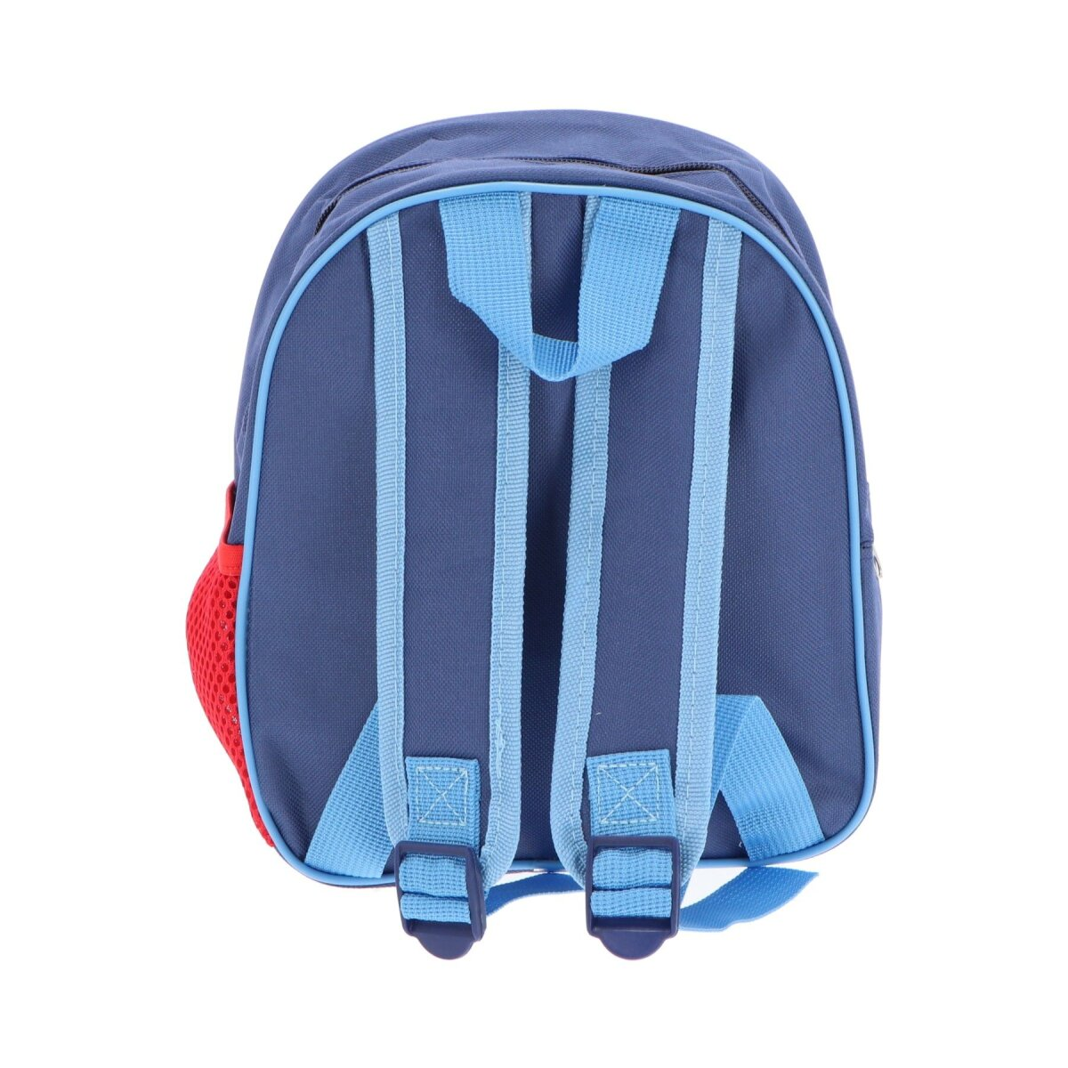 Rückseite eines marineblauen Rucksacks mit blauen Trägern und einer roten Seitentasche aus Mesh.