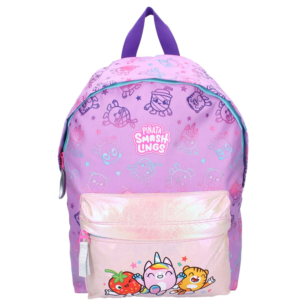 Lila Rucksack mit Zeichentrickfiguren. Rosa Vordertasche mit Zeichentrickfiguren. Weißer Hintergrund.