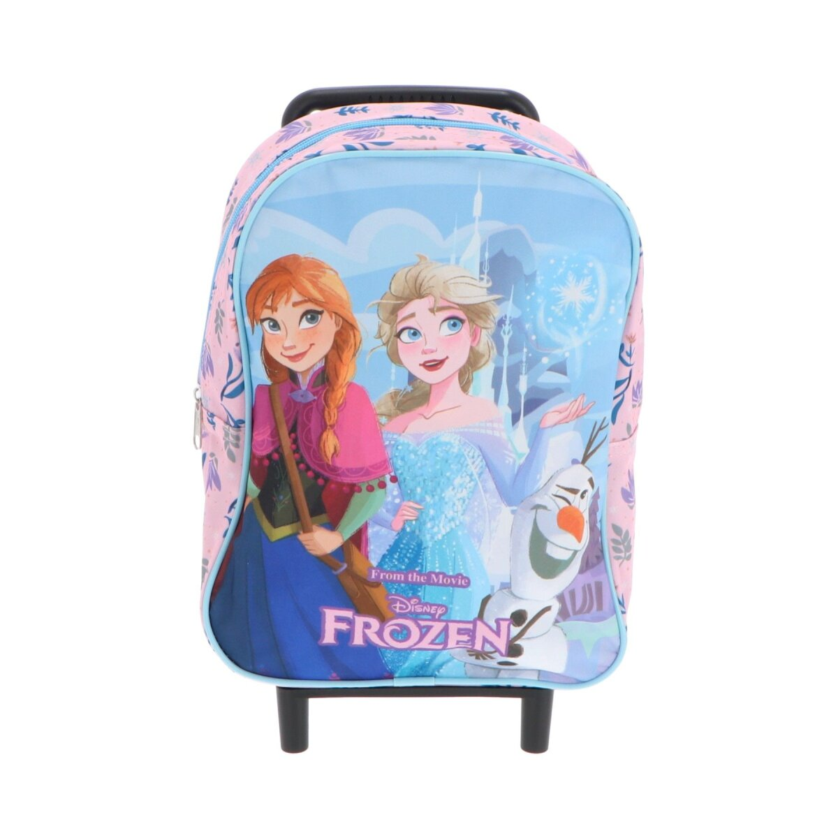 Rollender Rucksack mit Anna, Elsa und Olaf aus Frozen. Rosa Blumendesign mit blauen Akzenten.