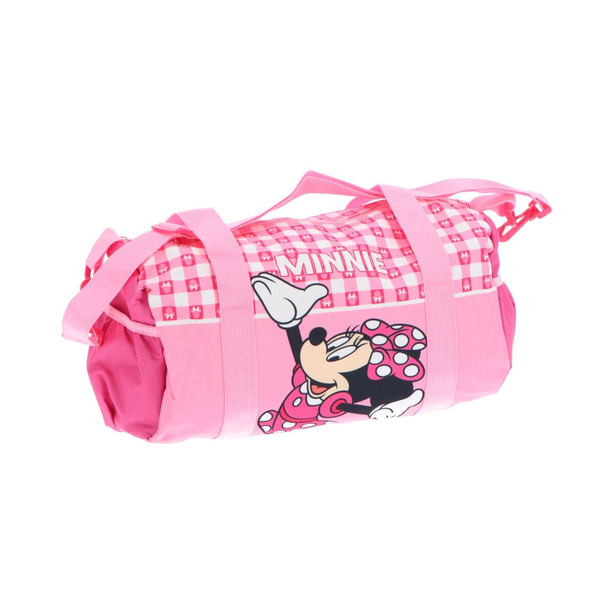 Pinke Minnie Mouse Reisetasche. Minnie Mouse auf der Seite. Weiß-rosa kariertes Muster.