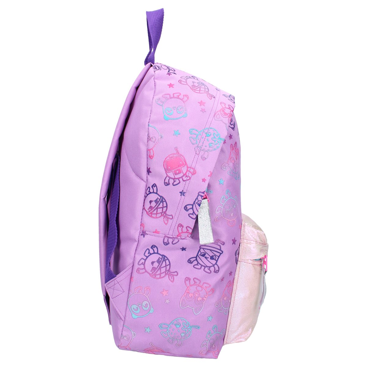 Seitenansicht eines lila Rucksacks. Zeichentrickfiguren und Sterne auf der Seite. Lila Hintergrund.