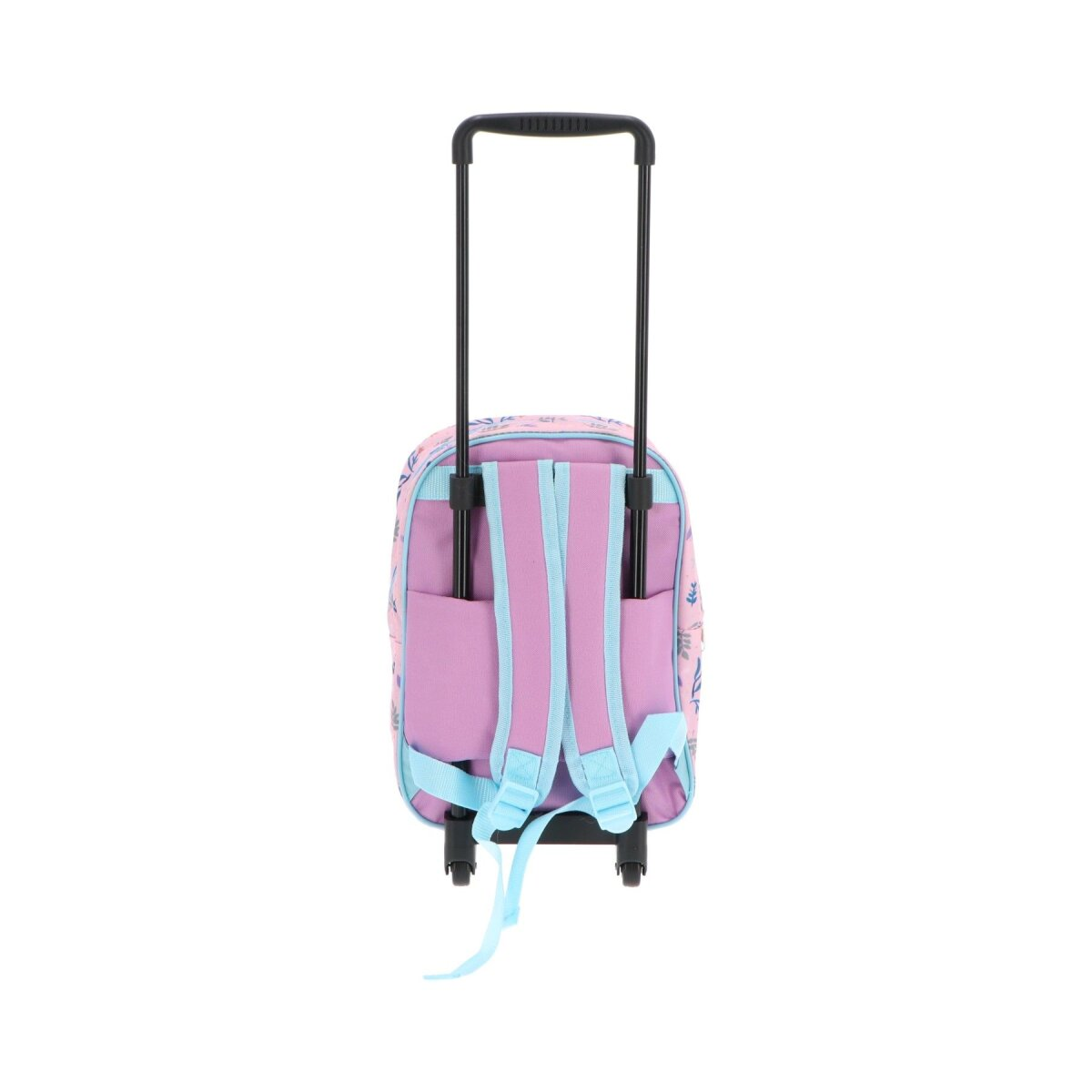 Rückseite eines Frozen-Rollrucksacks. Rosa mit Blumenmuster, blaue Träger und Griff. Räder sichtbar.