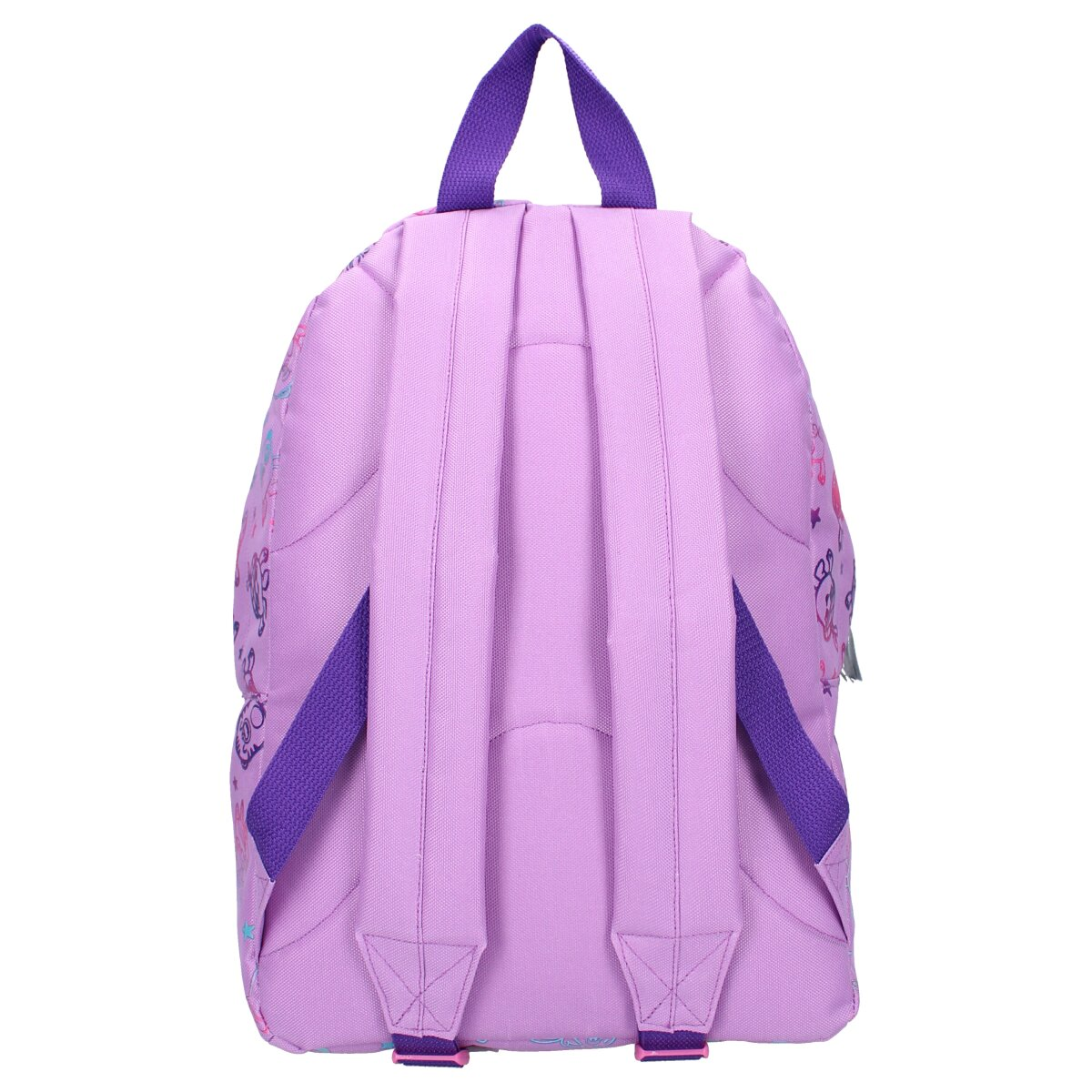 Ein helllila Rucksack mit lila Trägern. Die Rückseite ist einfarbig lila.