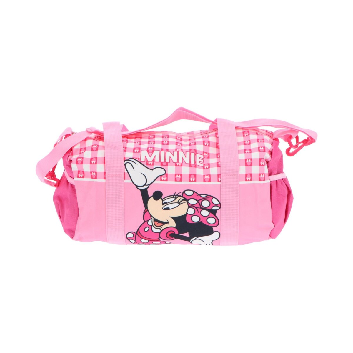 Rosa Minnie Mouse Reisetasche. Mit Minnie Mouse und einem rosa-weiß karierten Muster.
