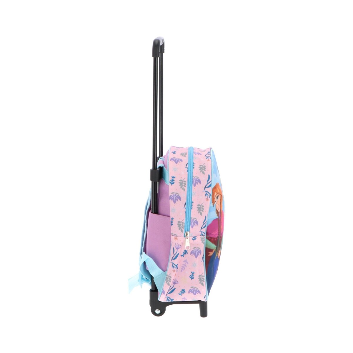 Seitenansicht eines Frozen-Rollrucksacks. Rosa und blaue Farben. Schwarzer Griff. Weißer Hintergrund.