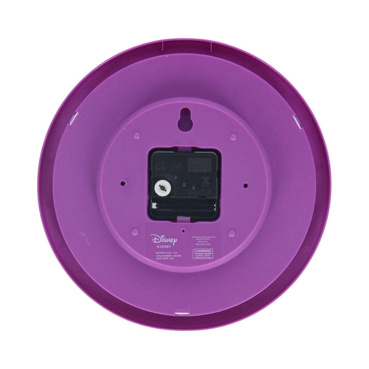 Rückseite einer lila Disney Wanduhr mit sichtbarem Uhrwerk.