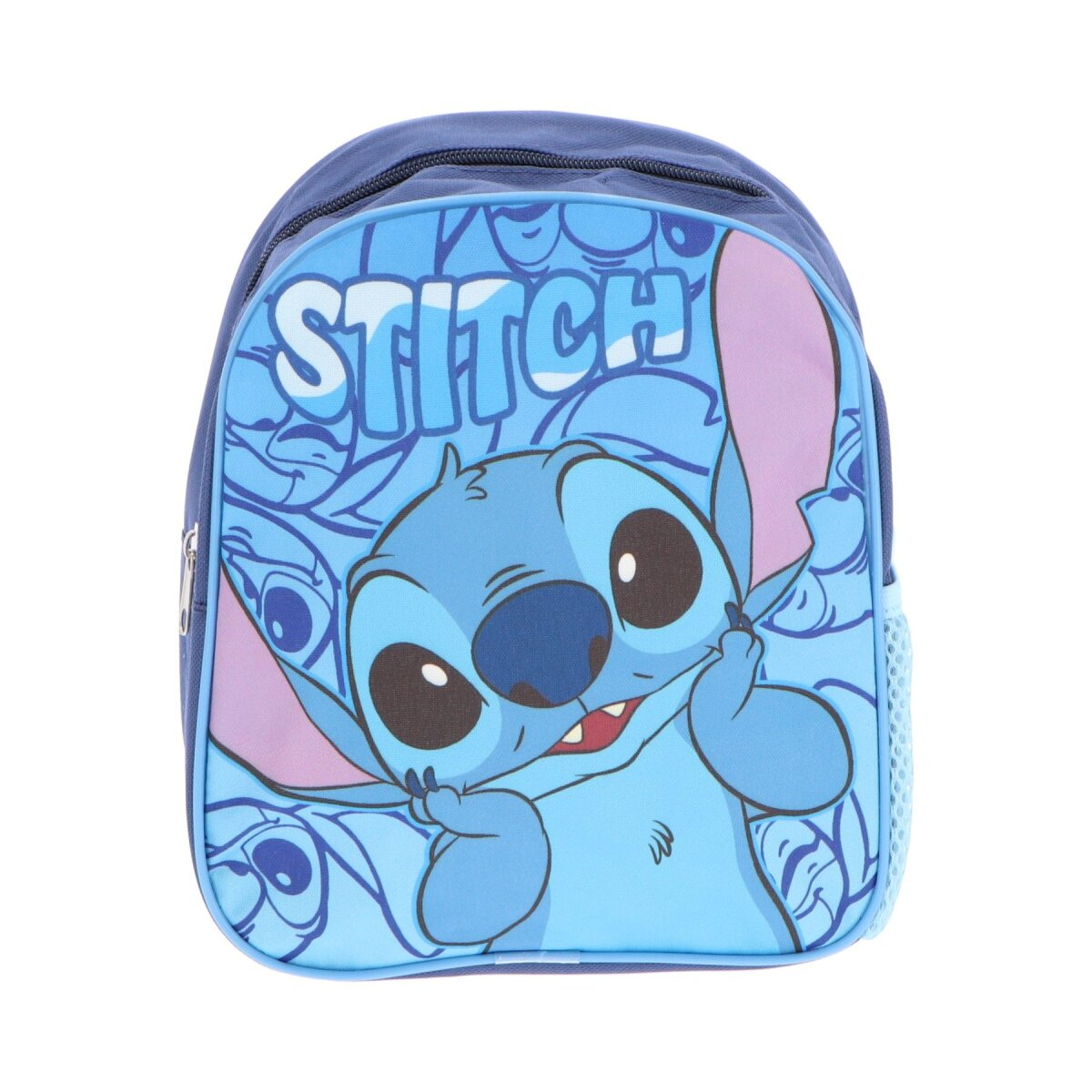 Blauer Stitch-Rucksack mit Stitch-Grafik. Text lautet "STITCH". Seitliche Netztasche.