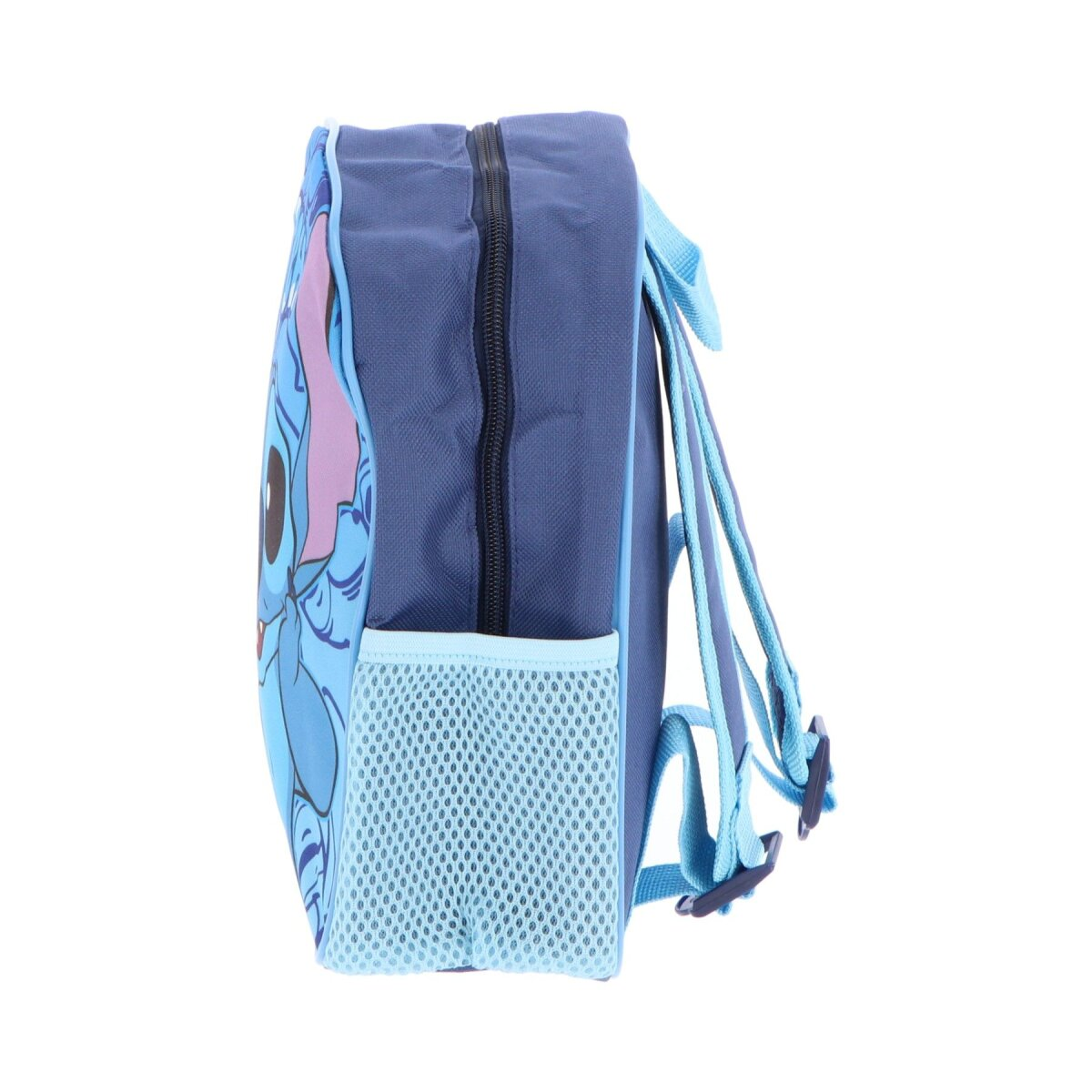 Seitenansicht eines blauen Stitch-Rucksacks. Stitch-Figur auf der Seite. Blaue Netztasche.