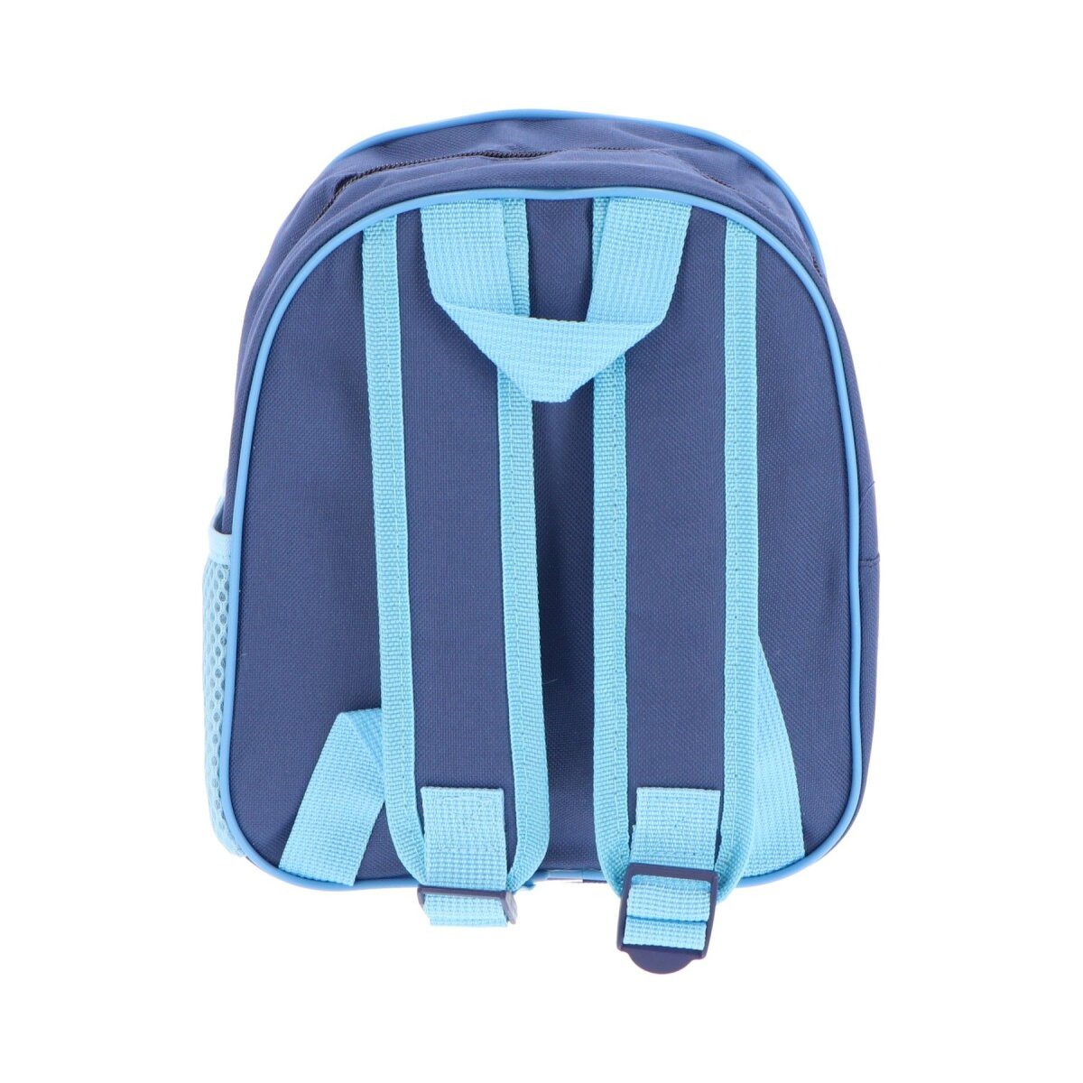 Rückseite eines blauen Stitch-Rucksacks. Blaue Träger, blaue Netztasche und blauer Griff.