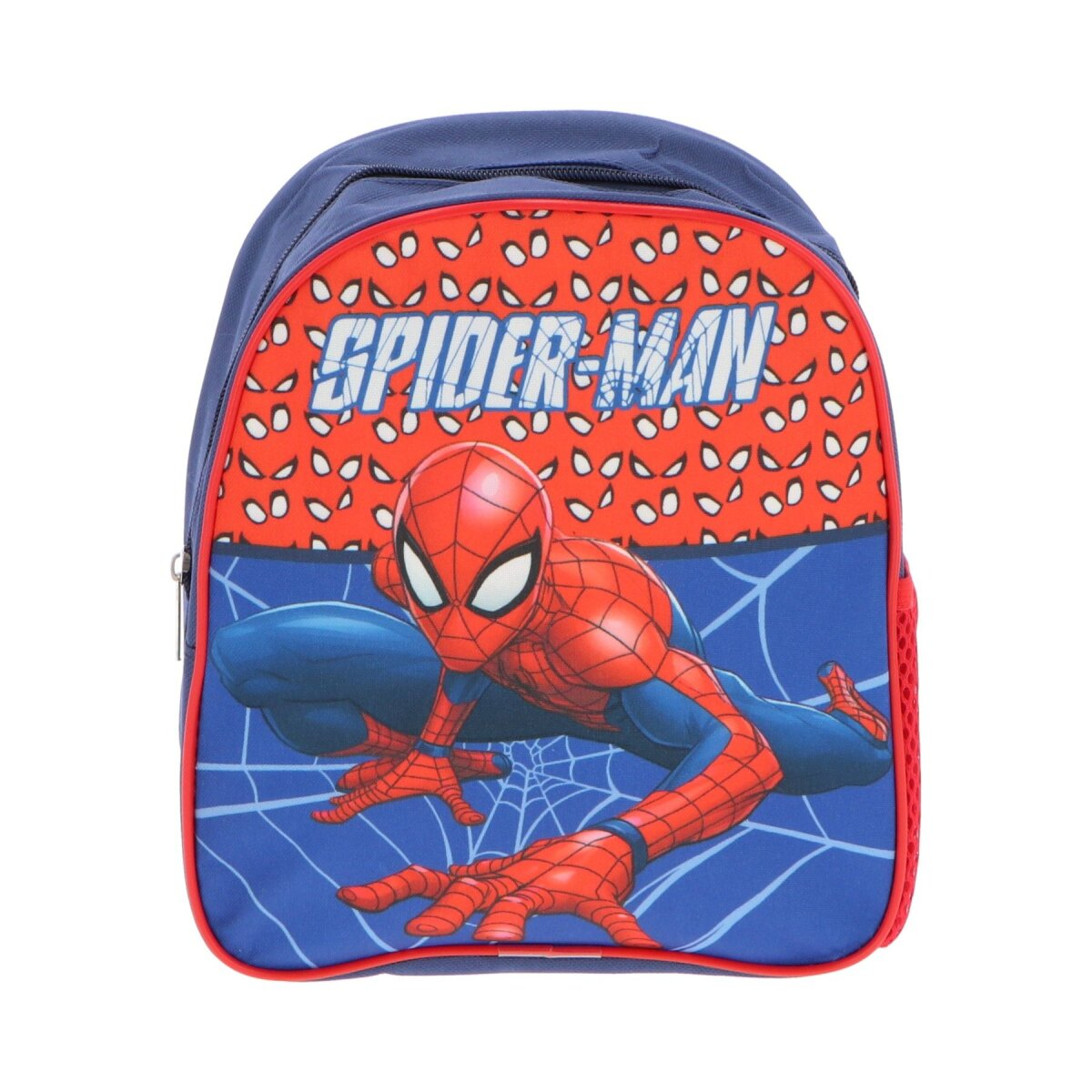 Spider-Man-Rucksack. Blau mit Spider-Man-Bild. Roter Oberteil mit Spinnennetz-Design.
