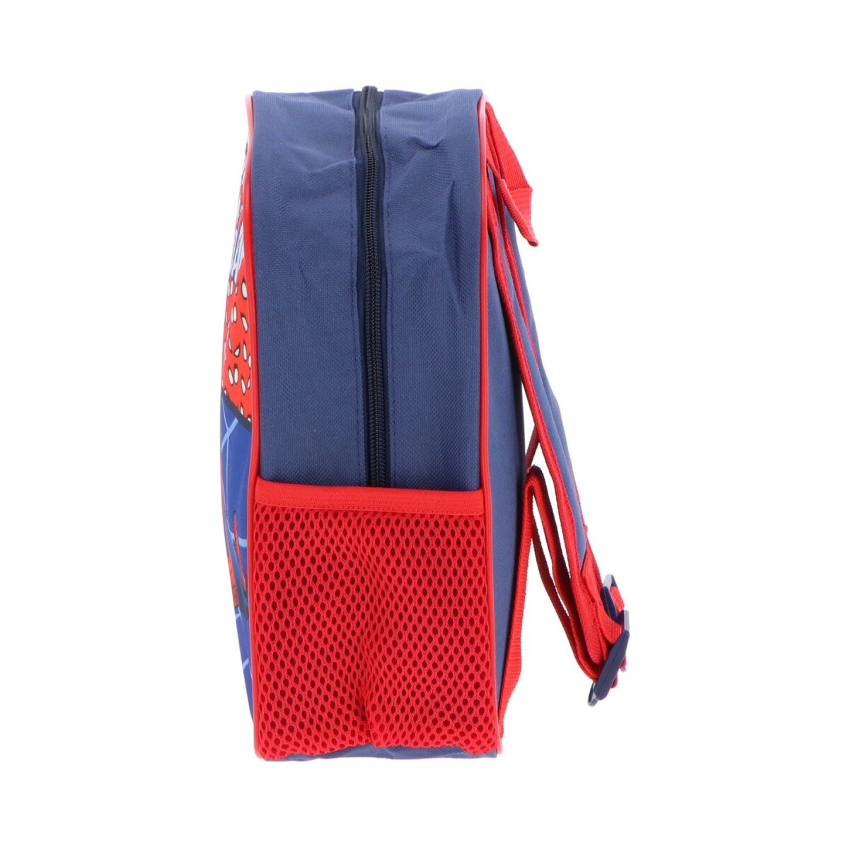 Seitenansicht des Spider-Man-Rucksacks. Blau und rot mit einer Netztasche.