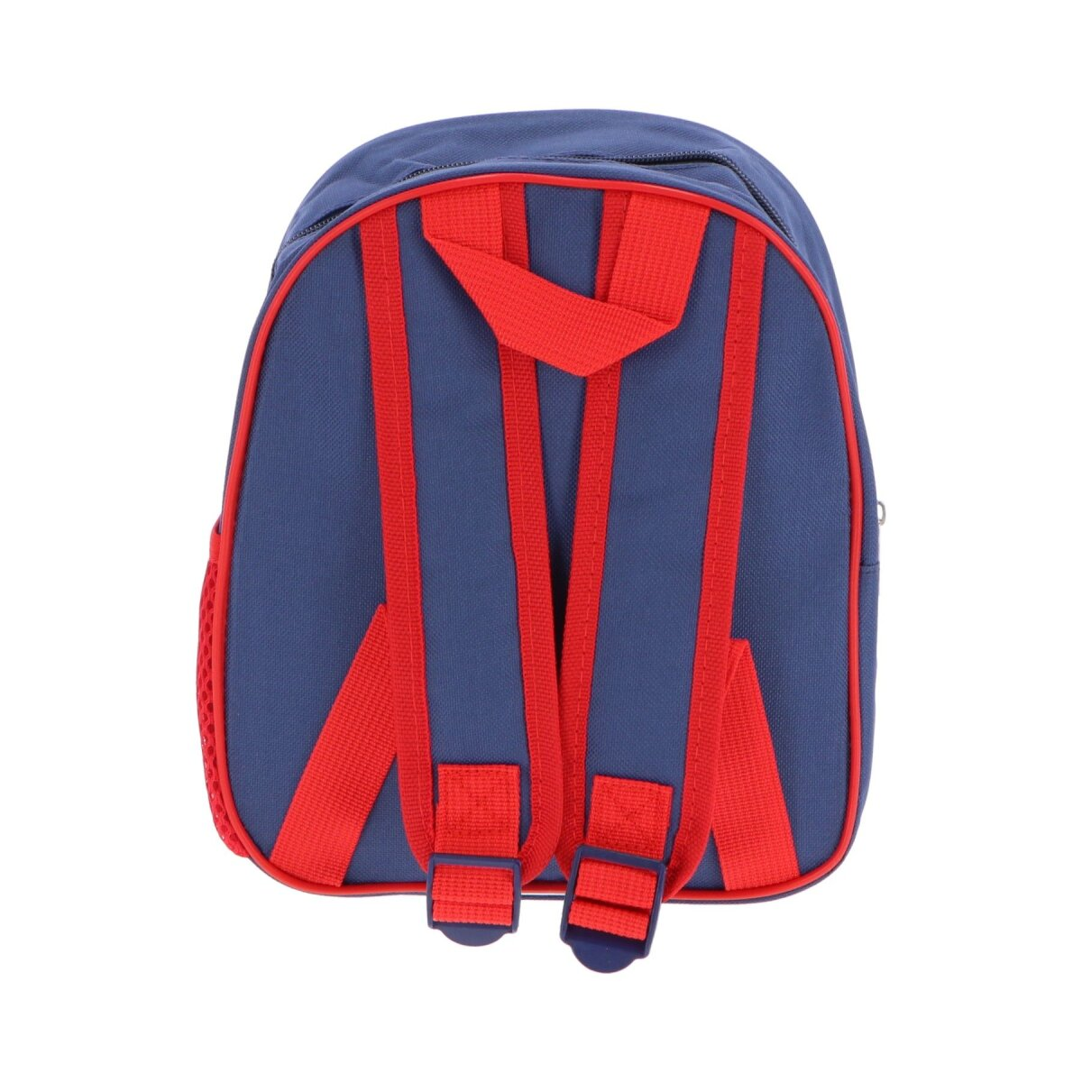 Blauer Rucksack mit roten Riemen und Besatz. Die Rückseite der Tasche ist sichtbar.