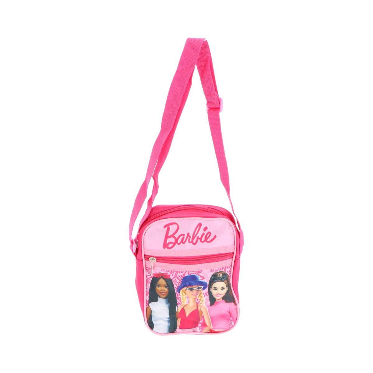 Rosa Barbie-Tasche mit Barbie und zwei anderen Mädchen auf der Vorderseite. Rosa Riemen.