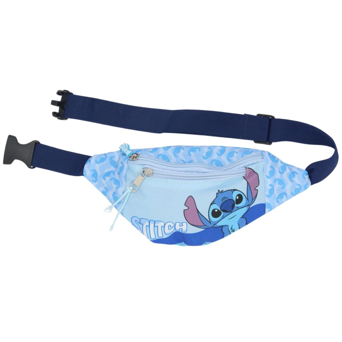 Blaue Stitch-Bauchtasche mit Stitch-Grafik und dem Wort "STITCH". Mit schwarzer Schnalle.