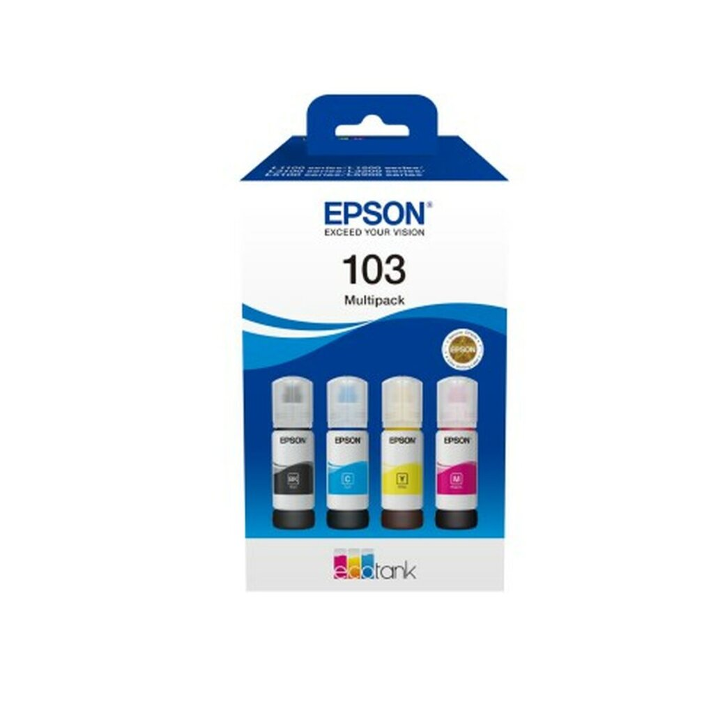 Cartuchos de tinta Epson 103 multipack en una caja. Hay cuatro botellas de tinta en la caja.