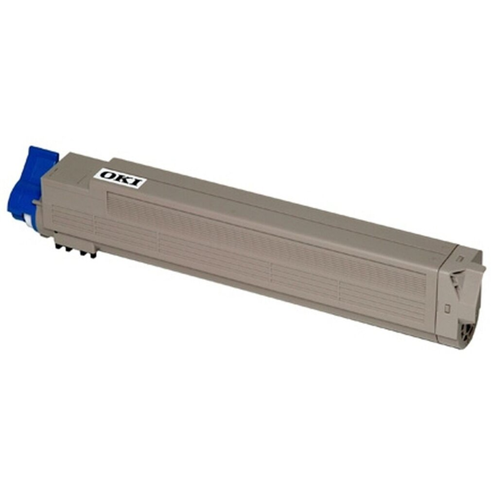 Cartuccia toner OKI grigia con tappo blu. Il prodotto riporta la scritta "OKI".