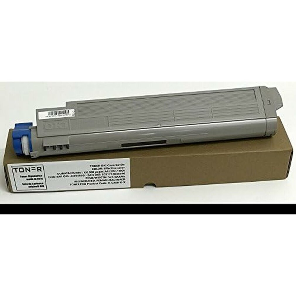 Cartuccia toner OKI grigia su una scatola marrone. La cartuccia riporta la scritta "TONER".