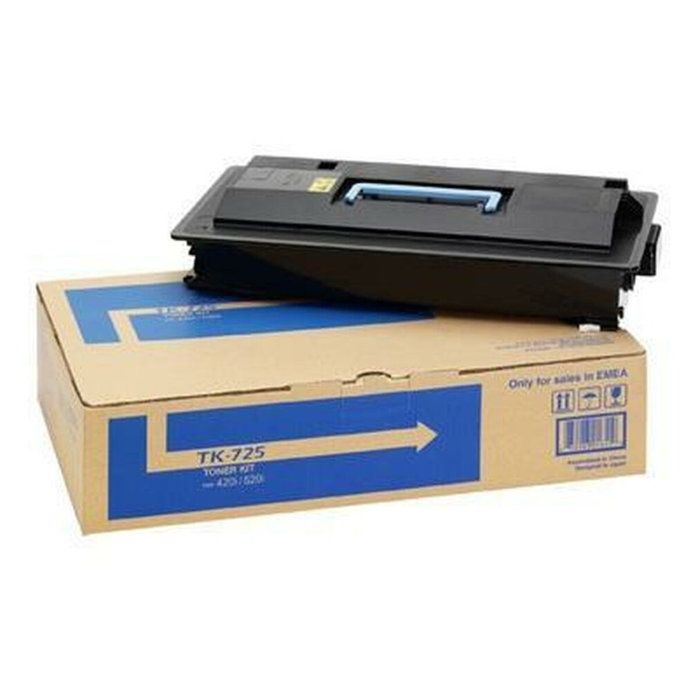 Scatola del kit toner nera con accenti blu, con una cartuccia toner sopra. La scatola riporta "TK-725 TONER KIT".