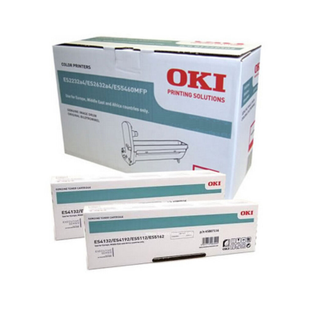 OKI printer tonercartridge doos, met twee tonercartridges en een grotere doos op de achtergrond.