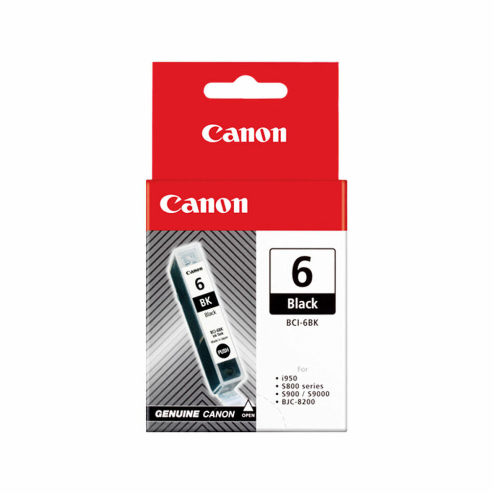 Canon Tintenpatronenbox, roter Hintergrund mit weißem Text. Zeigt schwarze Tintenpatrone.