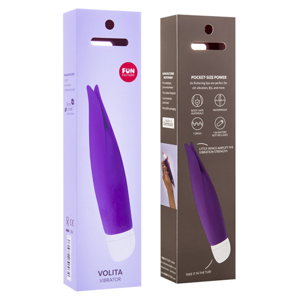 Dwa pudełka fioletowego wibratora. Jedno pudełko pokazuje produkt, drugie funkcje, takie jak wodoodporność.