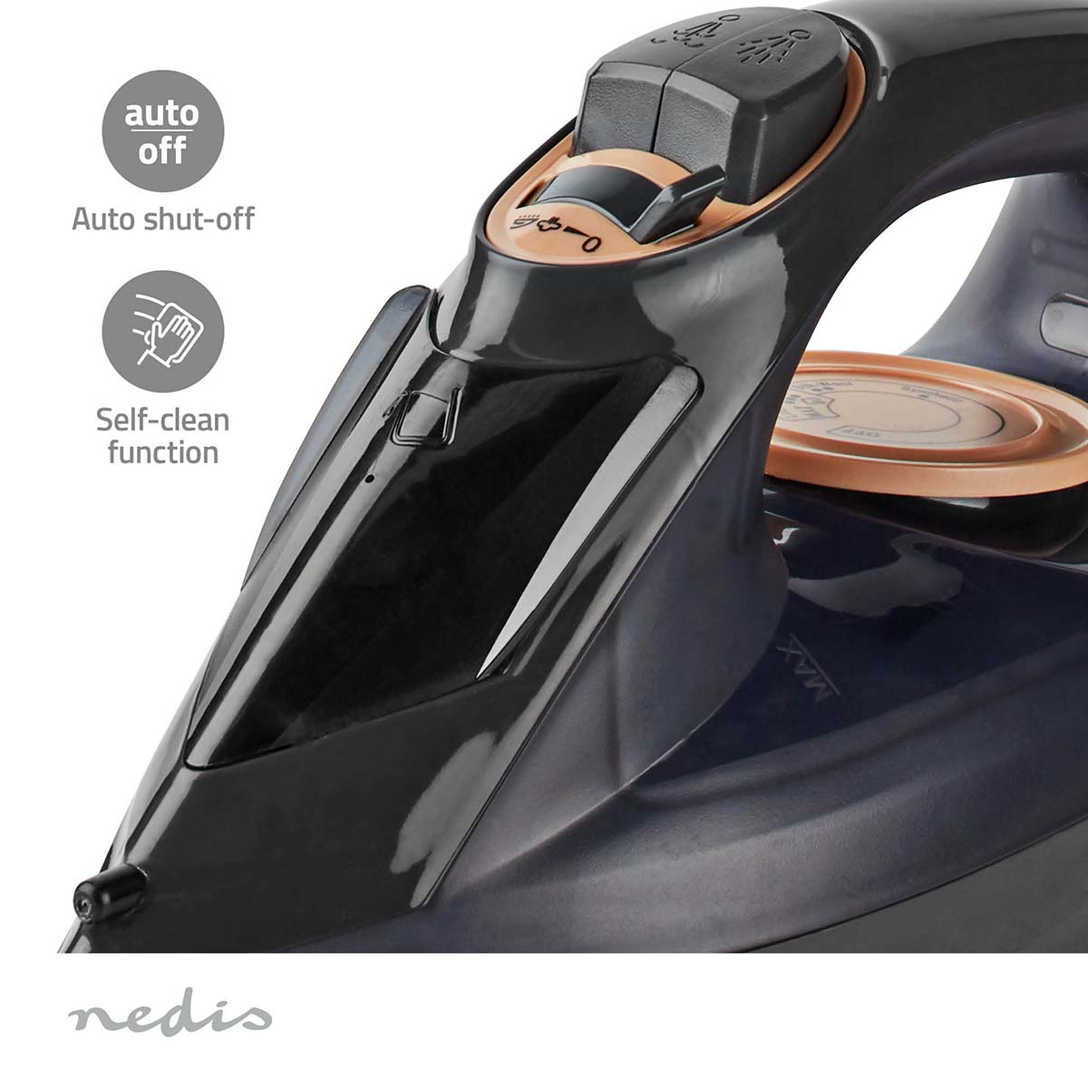Primer plano del mango de una plancha negra, iconos de apagado automático y autolimpieza.
