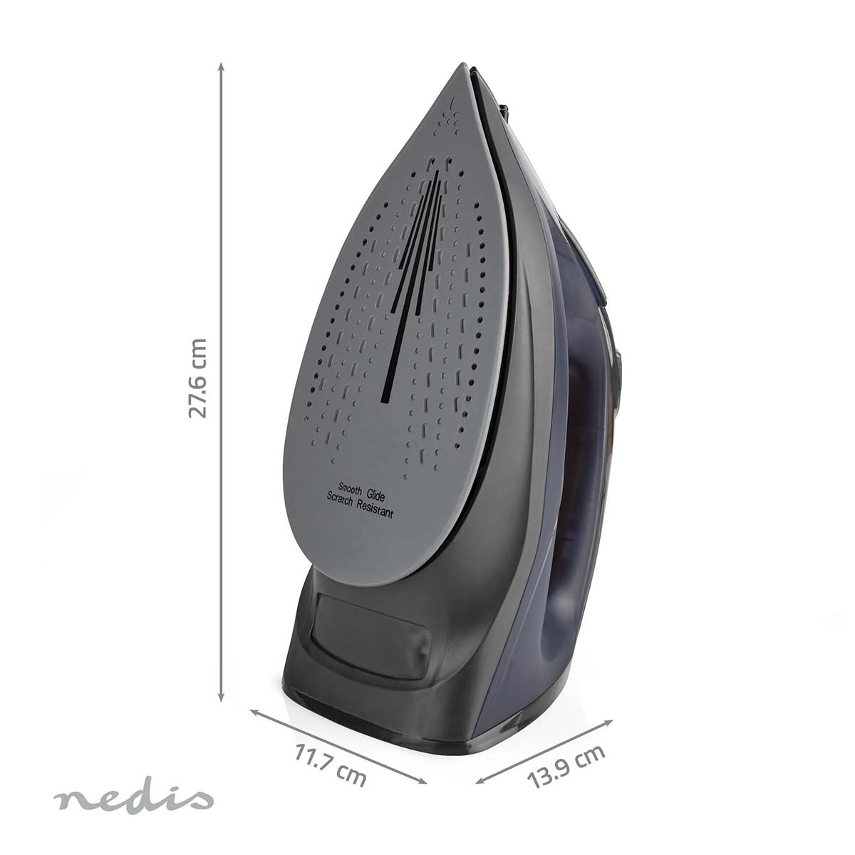 Plancha negra con dimensiones sobre fondo blanco. Suela gris con etiqueta 'Smooth Glide'.