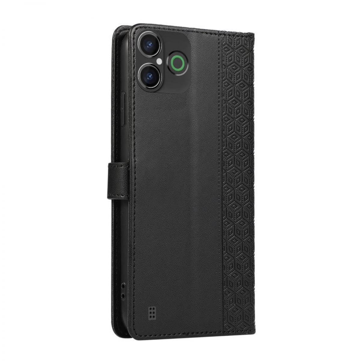 Schwarze Handyhülle geschlossen. Telefon mit drei Kameras ist sichtbar. Die Hülle hat ein Muster und Magnetverschluss.