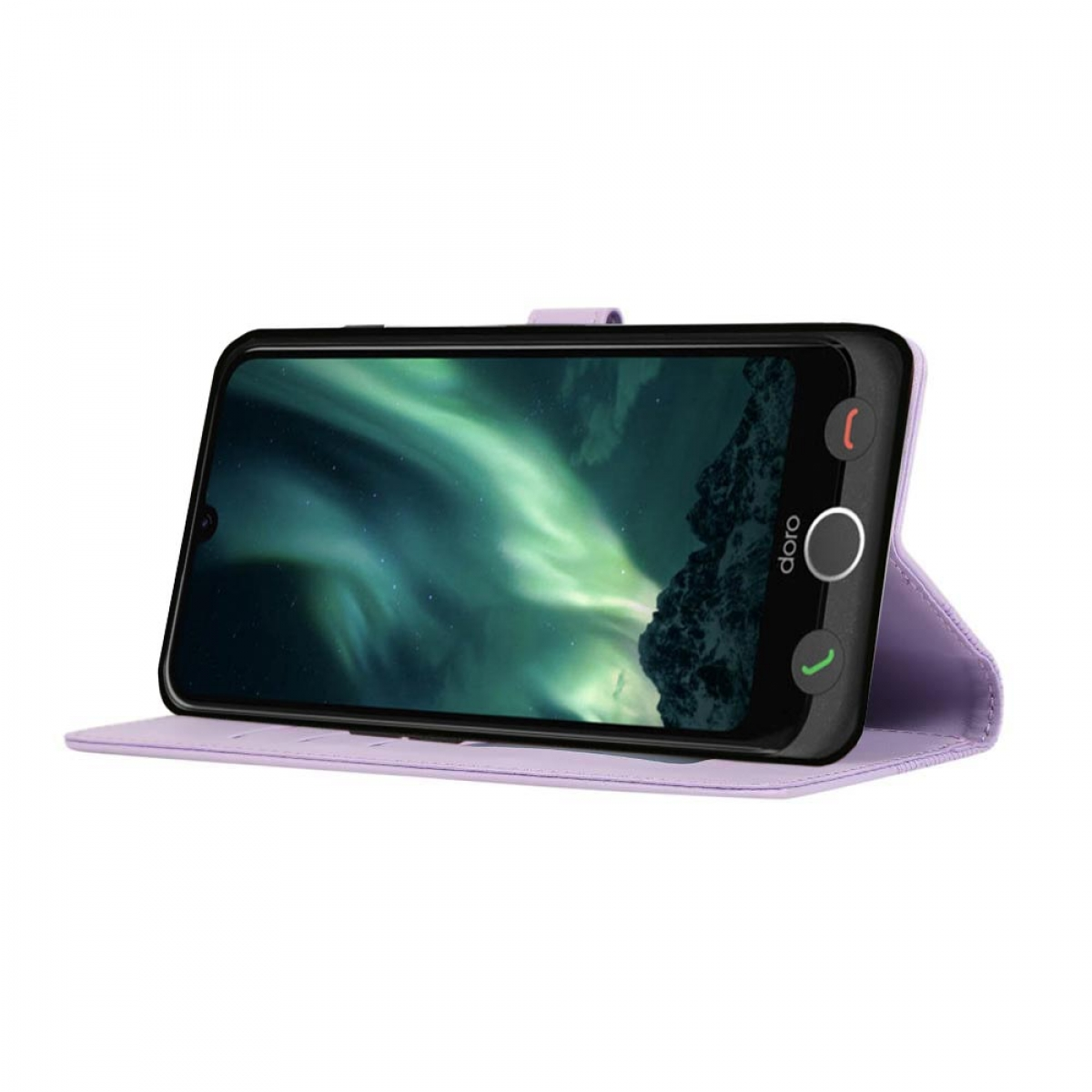 Lila Handyhülle offen. Telefon mit Nordlichtern auf dem Bildschirm ist sichtbar.