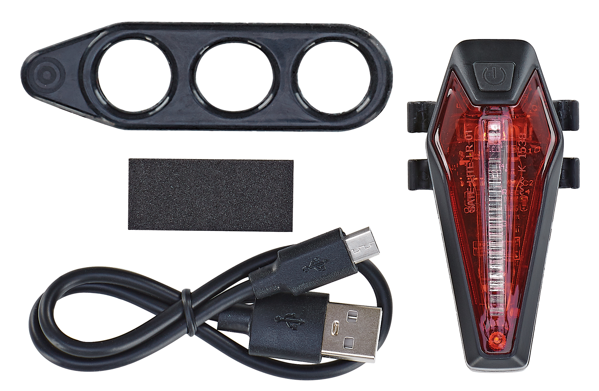 Fahrradlicht mit USB-Kabel und Halterung. Licht ist rot und schwarz.