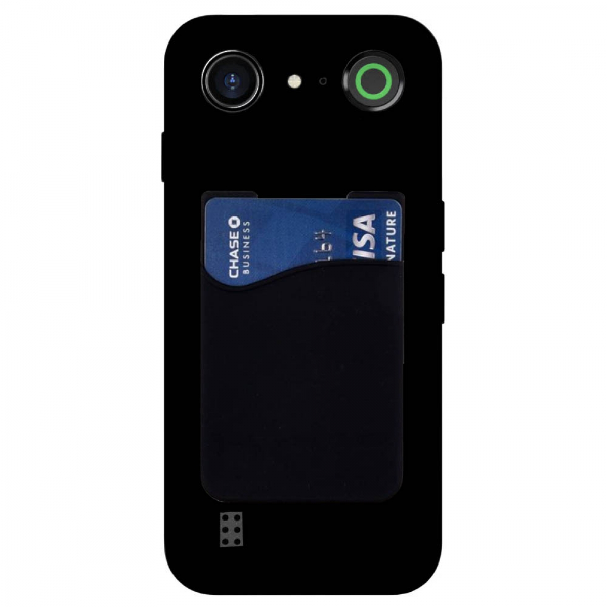 Schwarzes Telefon mit Kartenhalter. Blaue Karte ist sichtbar. Zwei Kameras befinden sich oben.