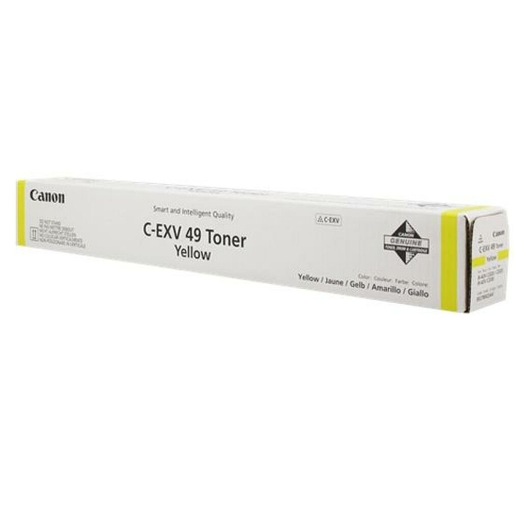Cartuccia toner gialla Canon C-EXV 49. Scatola bianca con dettagli gialli e logo Canon.