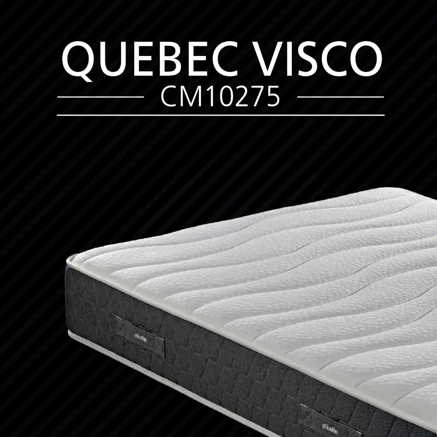 Un colchón con el texto 'QUEBEC VISCO' y 'CM10275' sobre un fondo negro con líneas diagonales.